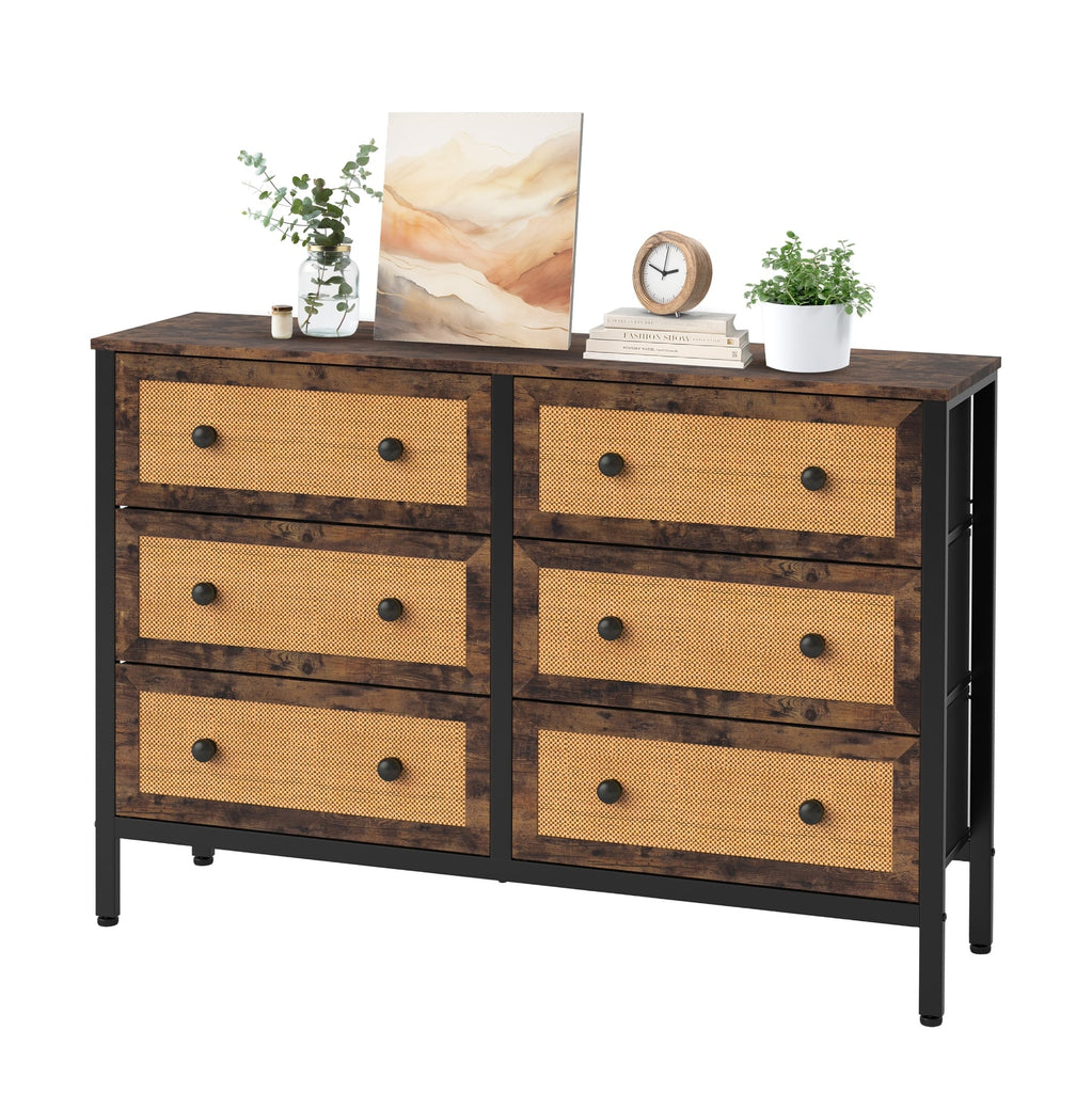 Mid-Century Modern Fabric Dresser with Rattan Fronts - Stylish Storage Solution for USA & Canada