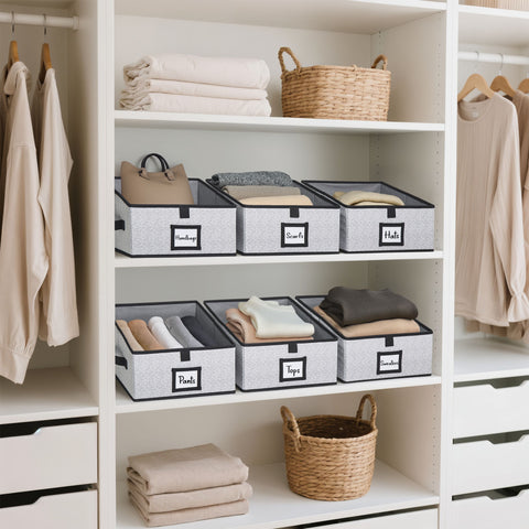 Closet Storage Bins, Trapezoid Linen Closet Organizers and Storage Baskets for Organization (Medium 6 - Pack, Grey)