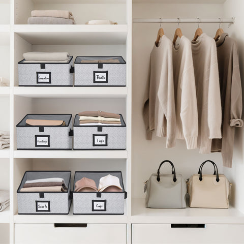 Closet Storage Bins, Trapezoid Linen Closet Organizers and Storage Baskets for Organization (Medium 6 - Pack, Grey)