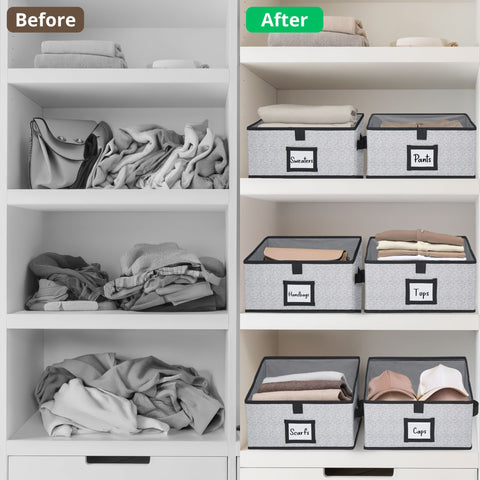 Closet Storage Bins, Trapezoid Linen Closet Organizers and Storage Baskets for Organization (Medium 6 - Pack, Grey)
