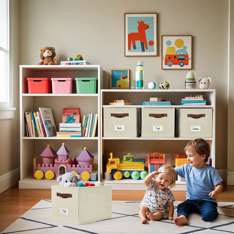 Foldable Storage Baskets for Shelves | Closet Storage Bins with Labels for Kids Toys, Bedroom, Laundry & Bathroom