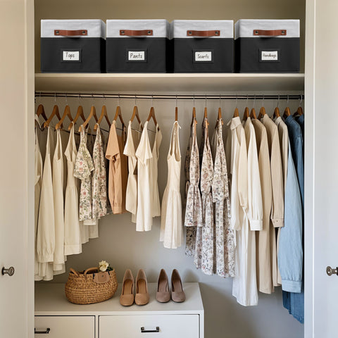 Foldable Storage Baskets for Shelves | Closet Storage Bins with Labels for Kids Toys, Bedroom, Laundry & Bathroom