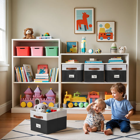 Foldable Storage Baskets for Shelves | Closet Storage Bins with Labels for Kids Toys, Bedroom, Laundry & Bathroom