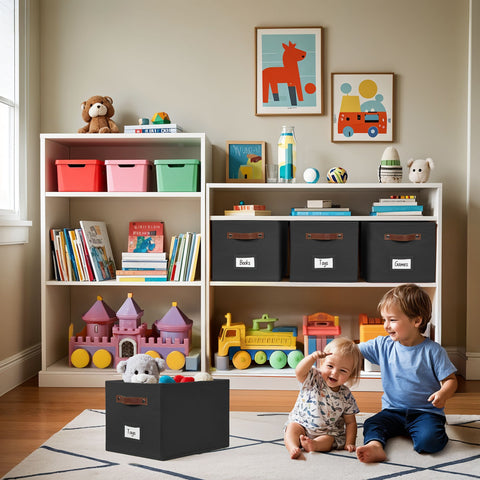 Foldable Storage Baskets for Shelves | Closet Storage Bins with Labels for Kids Toys, Bedroom, Laundry & Bathroom