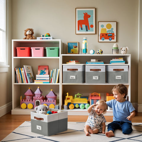 Foldable Storage Baskets for Shelves | Closet Storage Bins with Labels for Kids Toys, Bedroom, Laundry & Bathroom