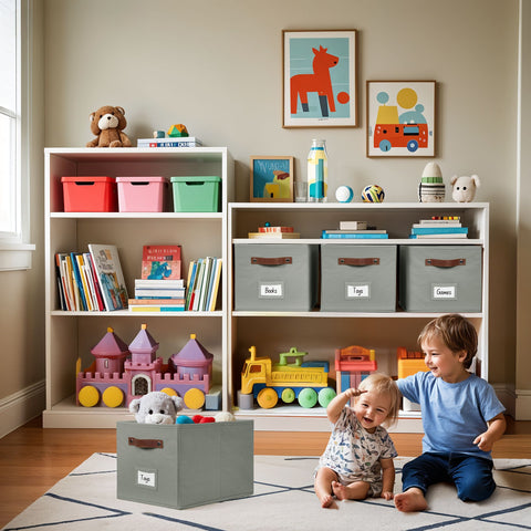 Foldable Storage Baskets for Shelves | Closet Storage Bins with Labels for Kids Toys, Bedroom, Laundry & Bathroom