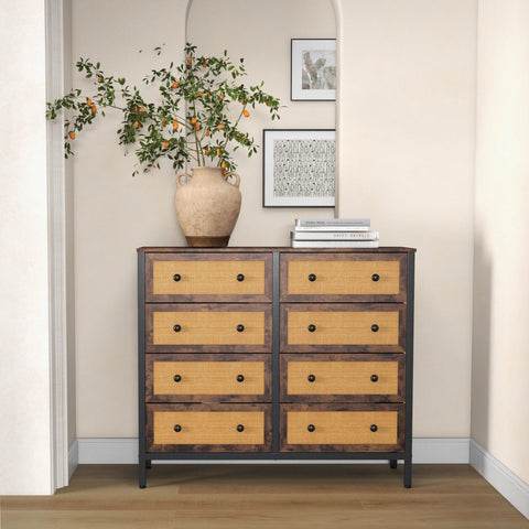 Mid-Century Modern Fabric Dresser with Rattan Fronts - Stylish Storage Solution for USA & Canada