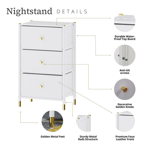 Nightstand With Drawers | 3-Tier Bed Side Table | End Table Storage with Baskets