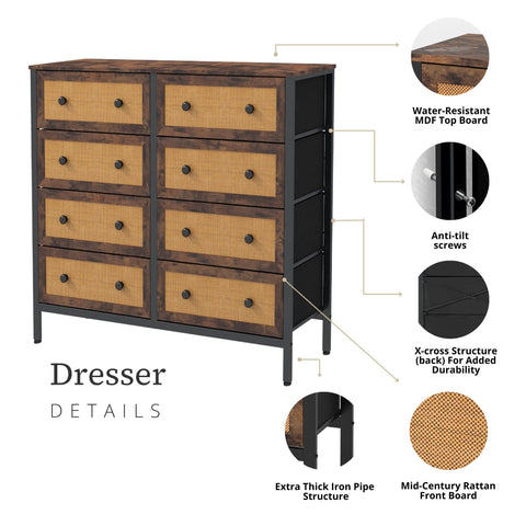 Mid-Century Modern Fabric Dresser with Rattan Fronts - Stylish Storage Solution for USA & Canada