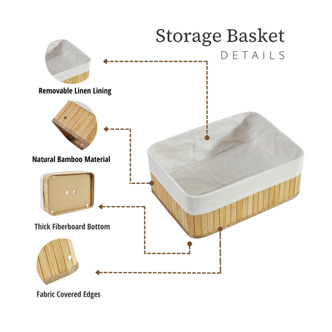 Bamboo Basket with Removable Linen Fabric Storage Bin (Pack of 3) | Storage Organizers