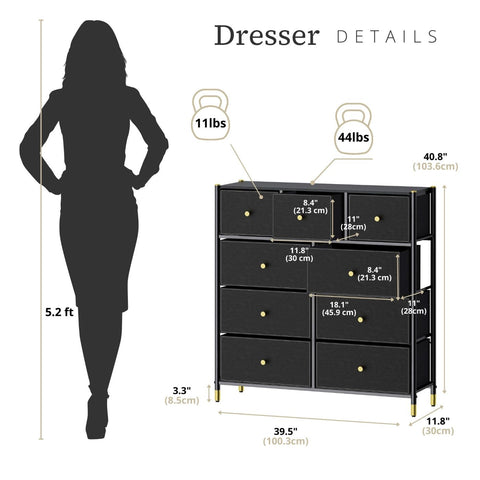 Tall Dresser Storage with Baskets | 4 Tier - 9 Drawers | Chest of Drawers