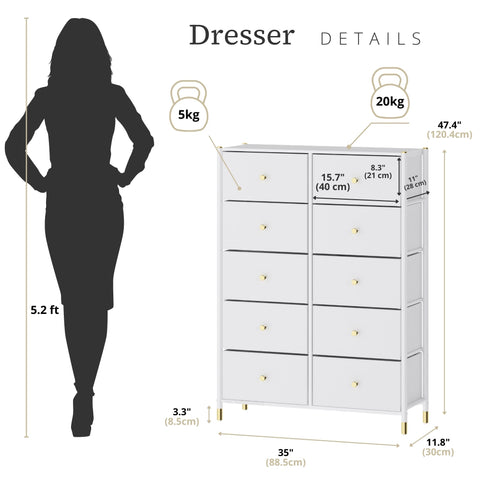 Tall Dresser Storage with Baskets | 5-Tiers 10 Drawers | Chest of Drawers