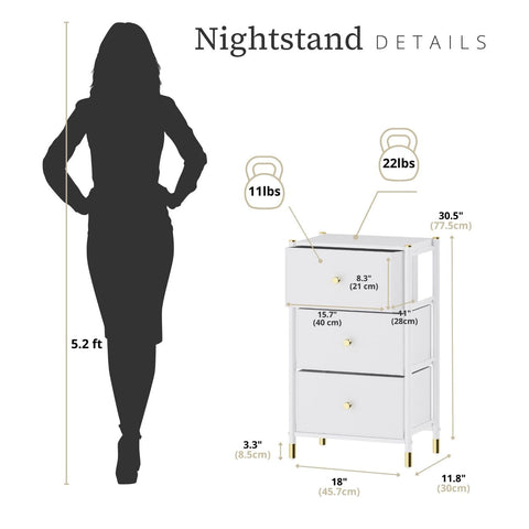 Nightstand With Drawers | 3-Tier Bed Side Table | End Table Storage with Baskets