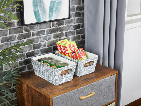 Nestable Storage Bin w/ Cut-out Handles Patterned Small Storage Baskets for Shelves, Pantry Organizers, Closet, Toys, and Books (Pack of 4)