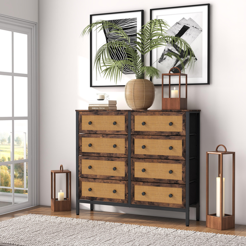 Mid-Century Modern Fabric Dresser with Rattan Fronts - Stylish Storage Solution for USA & Canada