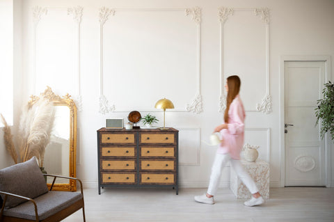 Mid-Century Fabric Dresser with Rattan Fronts