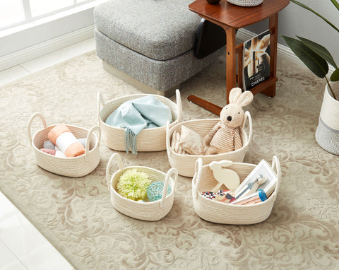 Dotted Lines Nested Cotton Rope Storage Baskets (5Pcs) - Cotton Storage Bin For Living Room & Pantry