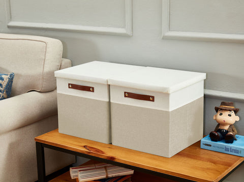 thumbnail image 2 of DECOMOMO Storage Boxes With Lids - 3 Pack Collapsible Fabric Bins In Beige & White 2 of 13