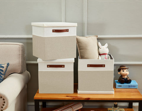 thumbnail image 2 of DECOMOMO Storage Boxes With Lids - 3 Pack Collapsible Fabric Bins In Beige & White 2 of 13