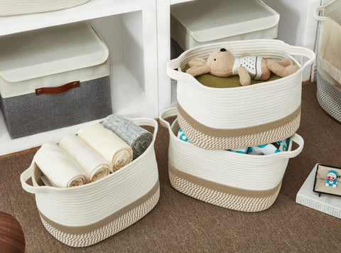 TheWarmHome Foldable Storage Basket with Strong Cotton Rope Handle, Collapsible Storage Bins Set Works As Baby Storage, Toy Storage, Nursery Baskets (