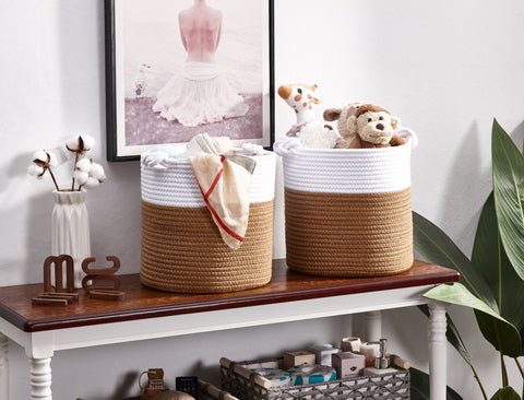 Dual Shade Cotton Rope Storage Basket w/Knot Handles - Stylish Woven Basket for Plants and Toys