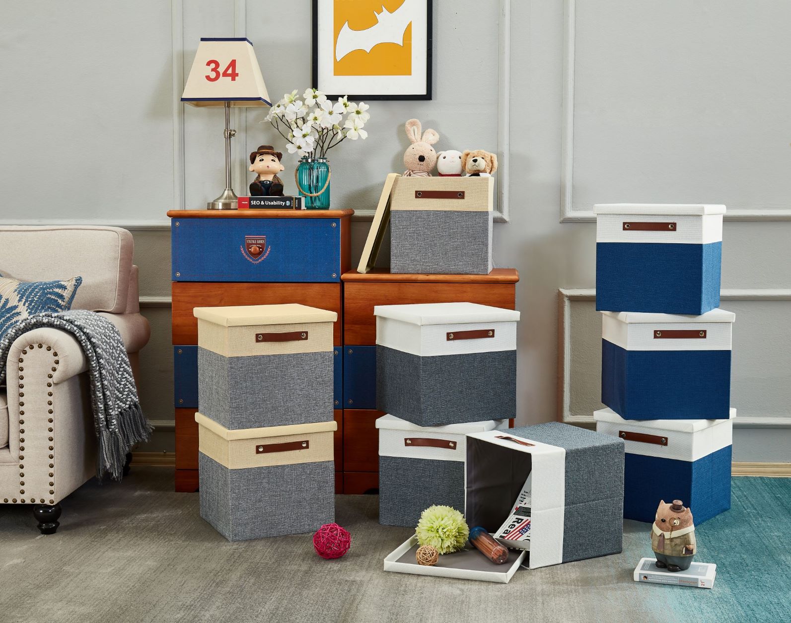 thumbnail image 2 of DECOMOMO Storage Boxes With Lids - 3 Pack Collapsible Fabric Bins In Beige & White 2 of 13