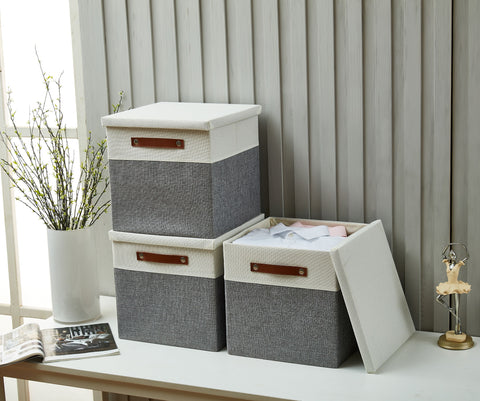 Foldable Storage Box With Lid (3 Pack) - Stackable Lidded Basket