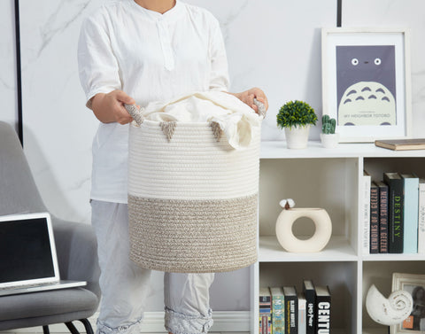 Decorative V-Design Cotton Rope Woven Storage Basket - Home Décor Cotton Bin