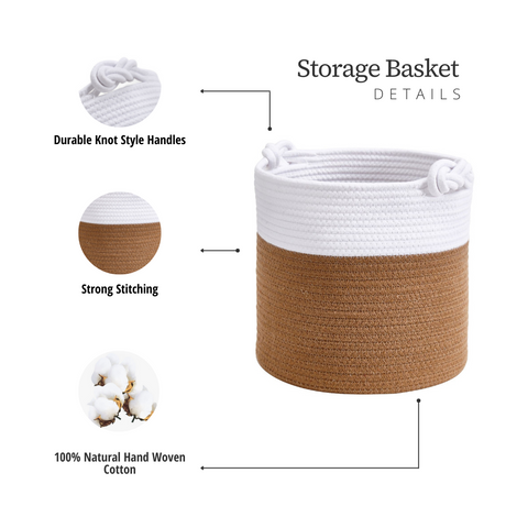 Dual Shade Cotton Rope Woven Storage Basket w/Knot Handles - Cotton Storage Bin