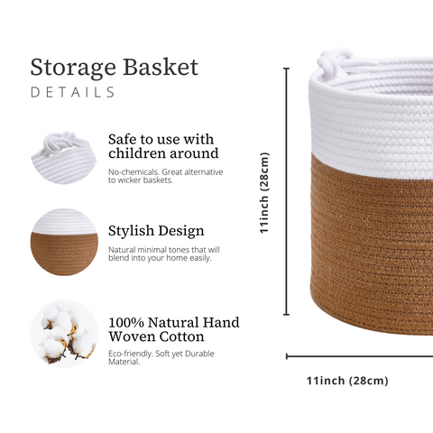Dual Shade Cotton Rope Woven Storage Basket w/Knot Handles - Cotton Storage Bin