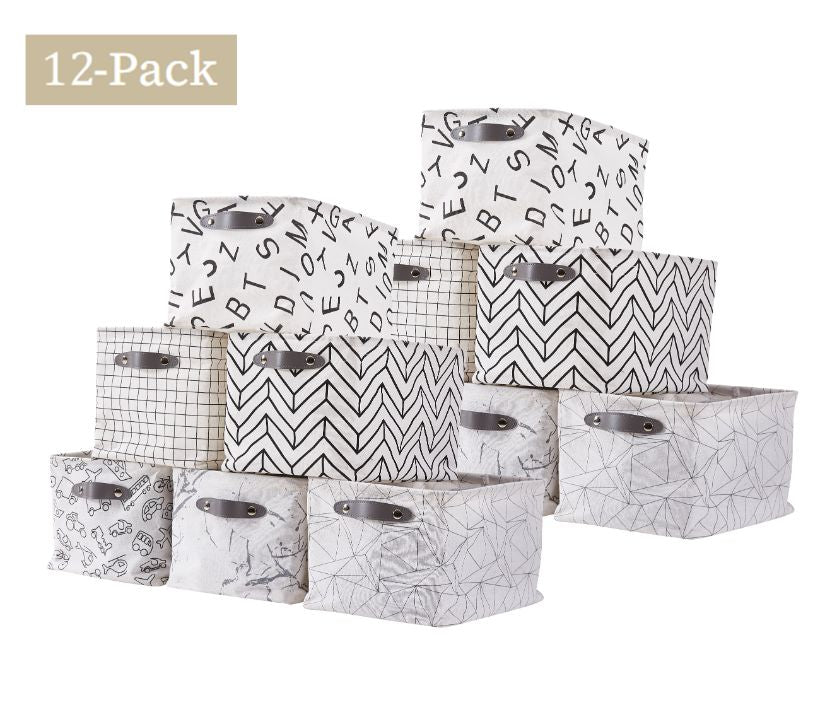 12-Pack Large Water Resistant Storage Bin with Handles - Patterned